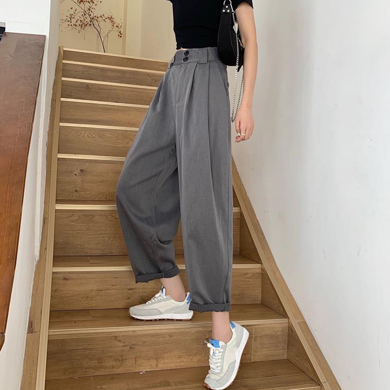 Womens Pants Capris Fashion Loose Streetwear Women Wide Leg Pants Summer Elastic High Waist Suit Pants Retro Solid Black Female Trousers S 4XL 221007