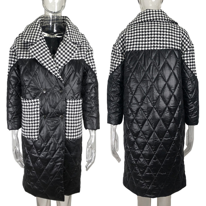 Women's Down Parkas Malina Turn Down Collar Parkas Women Fashion Patchwork Houndstooth Coats Women Elegant Loose Long Cotton Jacket Female Ladies