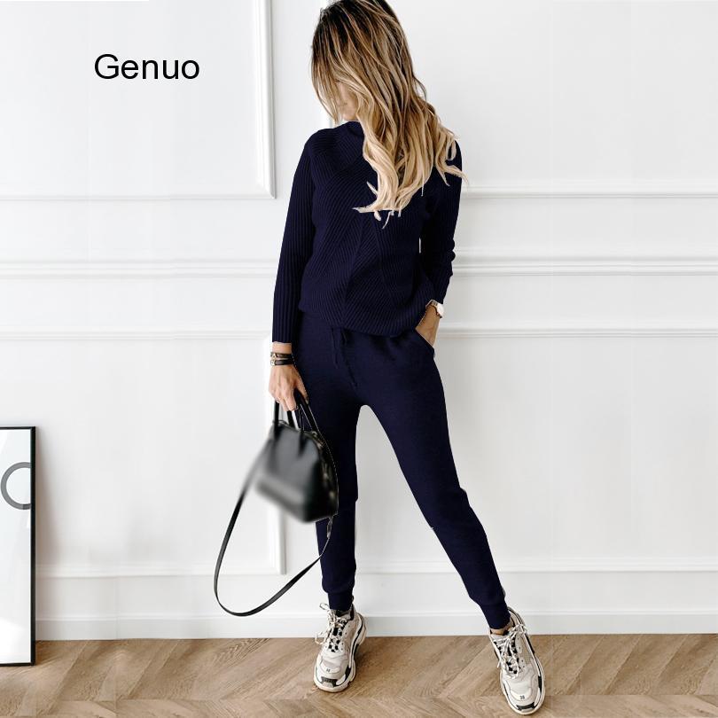 Women's Two Piece Pants Autumn Winter Women's Tracksuit Solid Color Striped Turtleneck Sweater and Elastic Trousers Suits Knitted Two Piece 