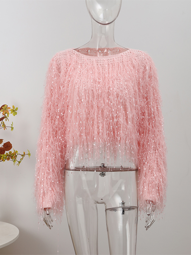 Women's Sweaters Knitted Tassel Women Pullover Sweater Solid Handmade Long Sleeve O-Neck Short Party Fringe Female Streetwear Tops 221007
