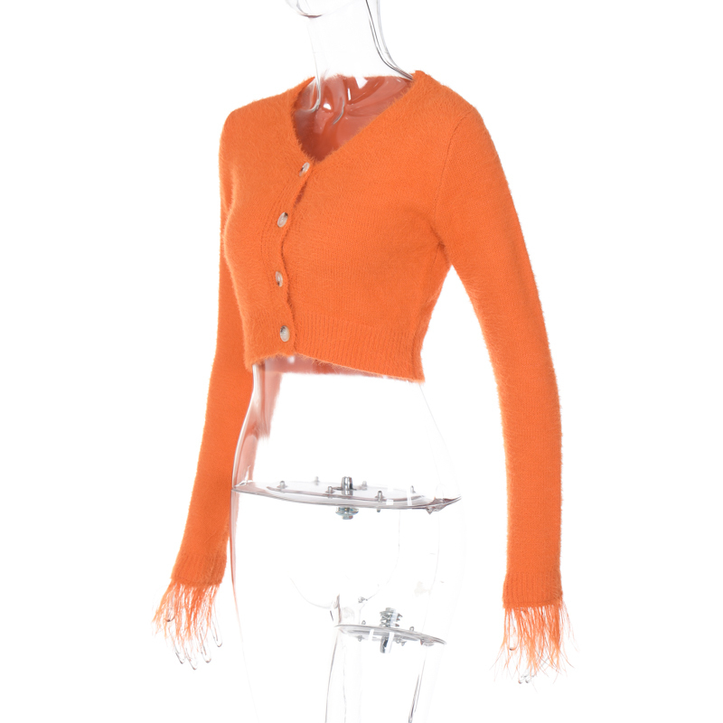 Women's Knits Tees Hugcitar Orange Long Sleeve Feather Knit Buttons Cardigan Sexy Crop Top Sweater Autumn Women Korean Party Y2K Halloween Clothe