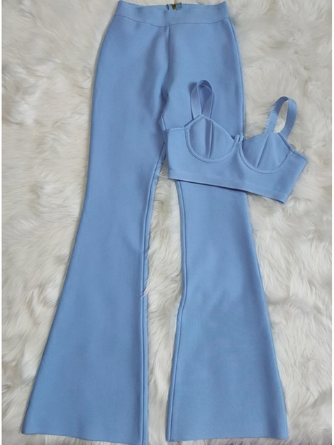 Women's Two Piece Pants Summer Women's Fashion Sexy Bandage 2 Two-piece Set Sleeveless Tight Short Top High Waist Flared Trousers Pants Set 