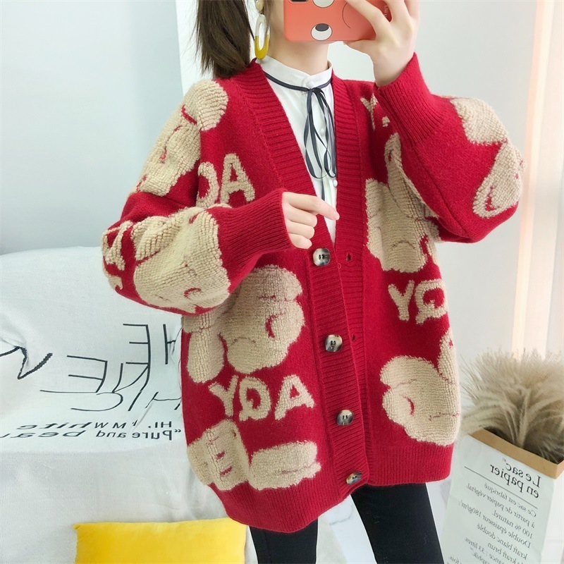 Women's Knits Tees Autumn Winter Knitted Female Cardigan Loose Streetwear Knit Sweater Coat Cute Cartoon Print VNeck Cardigan Women Jacket 221007