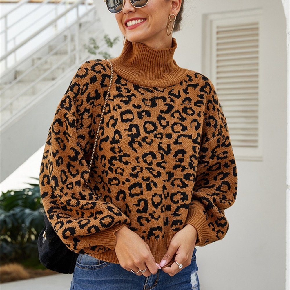 Women's Knits Tees Ladies Leopard Autumn Winter Women Sweater Turtleneck Casual Jumper Knitted Pullover Women Sweaters Top Female Pull Knitwear 2