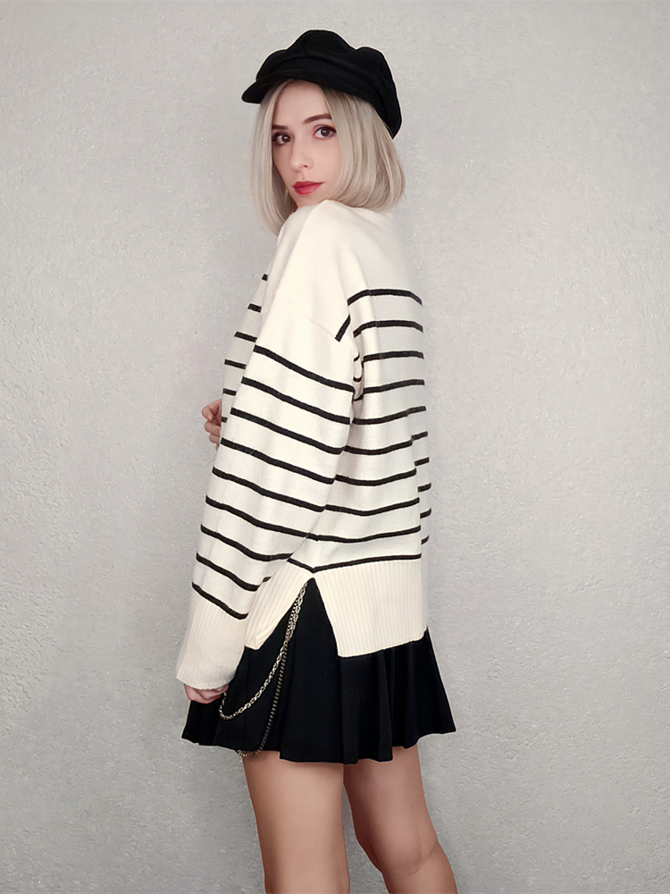 Women's Knits Tees Ladies Oversize Loose Autumn Winter Sweater Women Striped Warm Casual Knit Basic Chic Jumper Pullover Women Sweater Top Female