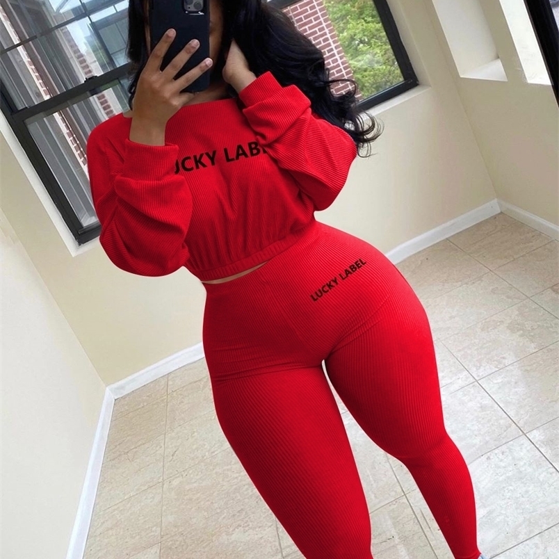 Women's Two Piece Pants Letter Printed Embroidery Women Two Piece Ribbed Tracksuits Fall Spring Long Sleeve Sweatshirt and Skinny Pants Set 22100