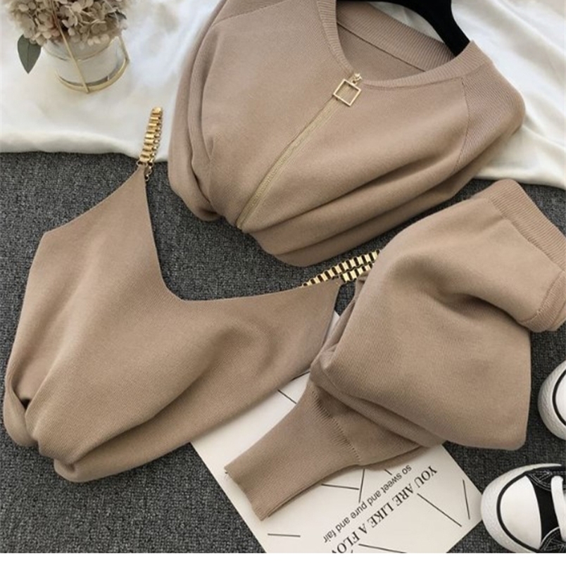 Women's Two Piece Pants Woman Jacket Fashion Women'S Suit Autumn Sweet Temperament Chain Vest Knitted Casual Jacket Three-Piece Elastic Pant