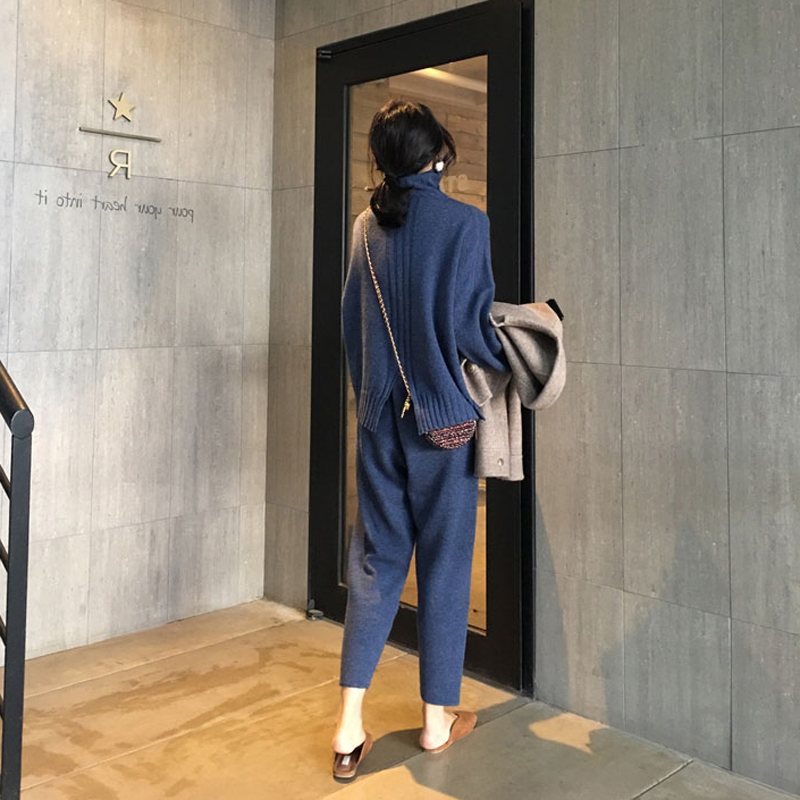Women's Two Piece Pants Autumn Winter Knitted Tracksuit Turtleneck Sweatshirts Fashion Women Suit clothing 2 Piece set Knit pant Female Pants sui