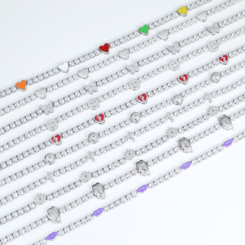 Iced Out Bg 5mm Cubic Zirconia Tennis Chain Necklace with Colorful Enamel Heart Lip Charm for Men and Women
