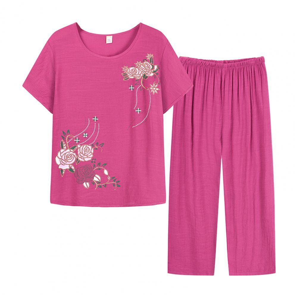 Women's Two Piece Pants Summer Women Homewear Set Short Sleeve Floral Print T-shirt Pants Loose Two Pieces Set Women Outfit Mom Middle-aged 22100