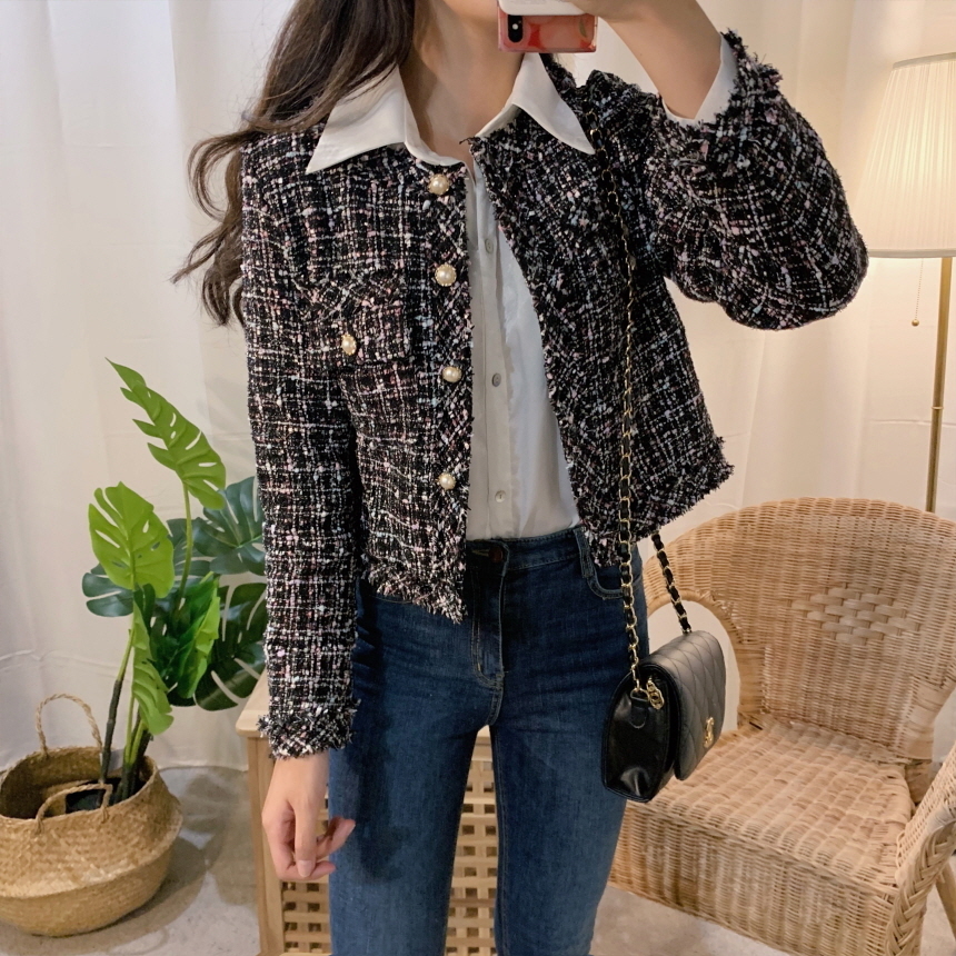 Women's Knits Tees HMA Autumn Women Single-Breasted Tweed Jacket High Quality Female Elegant Korean Chic Short Coat 221007