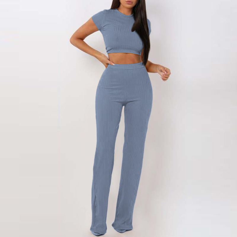 Women's Two Piece Pants Fashion Women Sets Casual Solid Rib Knit Short Sleeve Crop Top High Waist Wide Leg Pants Suits Lady Tracksuit Loungewear 