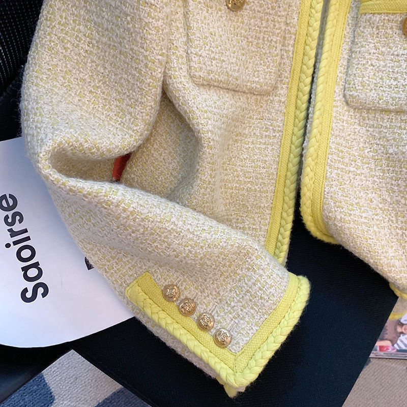 Women's Vintage Tweed Jacket - Yellow Plaid Overcoat With Pockets, Long Sleeve, Spring/Autumn Fashion B2