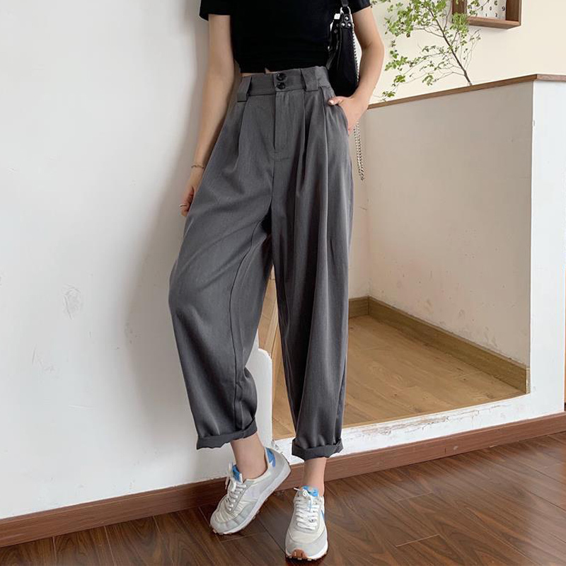 Womens Pants Capris Fashion Loose Streetwear Women Wide Leg Pants Summer Elastic High Waist Suit Pants Retro Solid Black Female Trousers S 4XL 221007