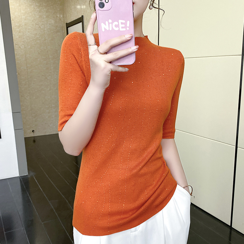 Women's Knits Tees Women Spring Summer Shortsleeved Halfhigh Collar Sweater Soft Wool Blend Sequin Pullover Tshirt Knitted Base Casual Sweater 22