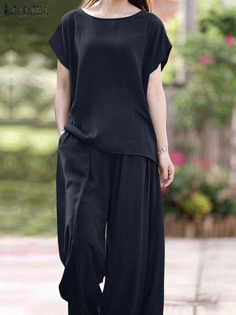 Women's Two Piece Pants ZANZEA Oversized Summer Trousers Suits 2PCS Women Matching Sets Fashion Short Sleeve Blouse Wide Leg Pants Sets Loose Tra