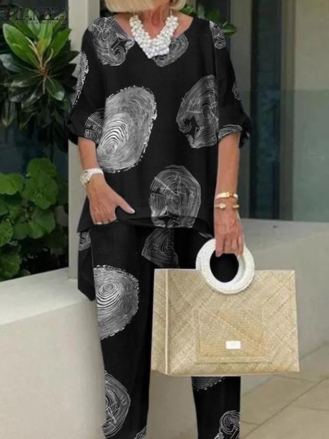 Women's Two Piece Pants ZANZEA Summer Vintage Floral Printed Pant Sets Women Matching Sets Casual 3/4 Sleeve Blouse Suits Loose Urban Tracksuit 2