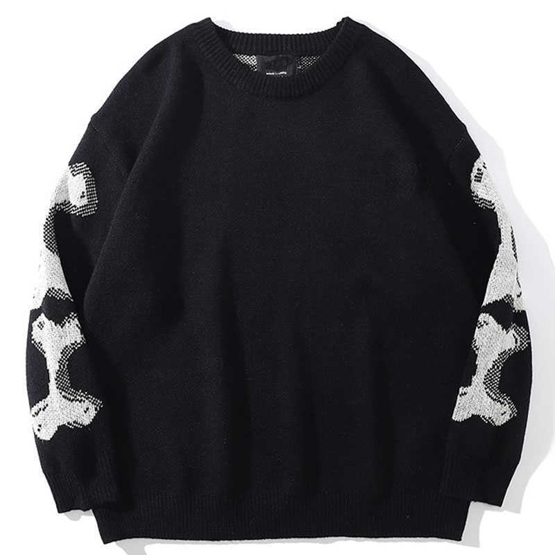 Sweaters Men Oversized Black Loose Skeleton Bone Print Women Vintage Retro Knitted 2021 Autumn Cotton Pullover Unisex Y2210