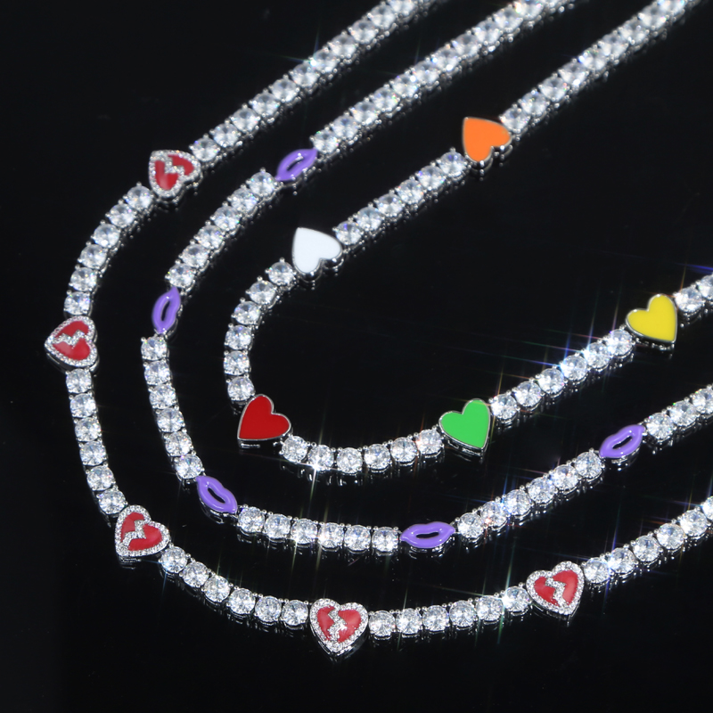 Iced Out Bg 5mm Cubic Zirconia Tennis Chain Necklace with Colorful Enamel Heart Lip Charm for Men and Women