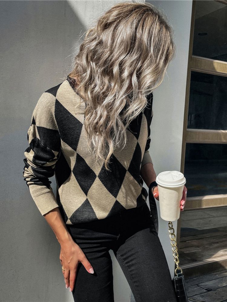 Women's Knits Tees Ladies Sexy Argyle Autumn Winter Sweater Women Pullover Tops Long Sleeve Casual Streetwear Knitted Jumpers Women Sweater Femal