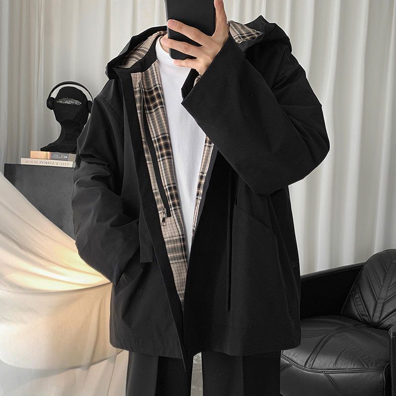 Men's Jackets Spring Autumn Hooded Jacket Korean Loose Trend Vintage Hong Kong Style Plaid Handsome Windbreaker Preppy Hip Hop Jacket 221006