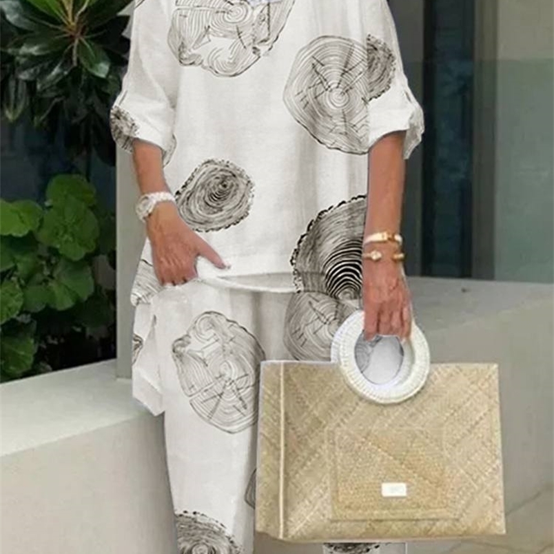 Women's Two Piece Pants ZANZEA Summer Vintage Floral Printed Pant Sets Women Matching Sets Casual 3/4 Sleeve Blouse Suits Loose Urban Tracksuit 2