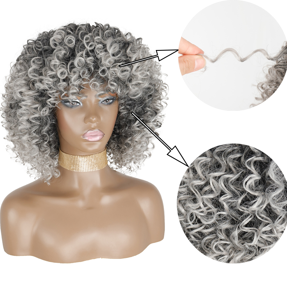 Synthetic Afro Kinky Curly Wigs Short Curly Wig For Women With Bangs Mixed Black and Gray Wig for Black Women