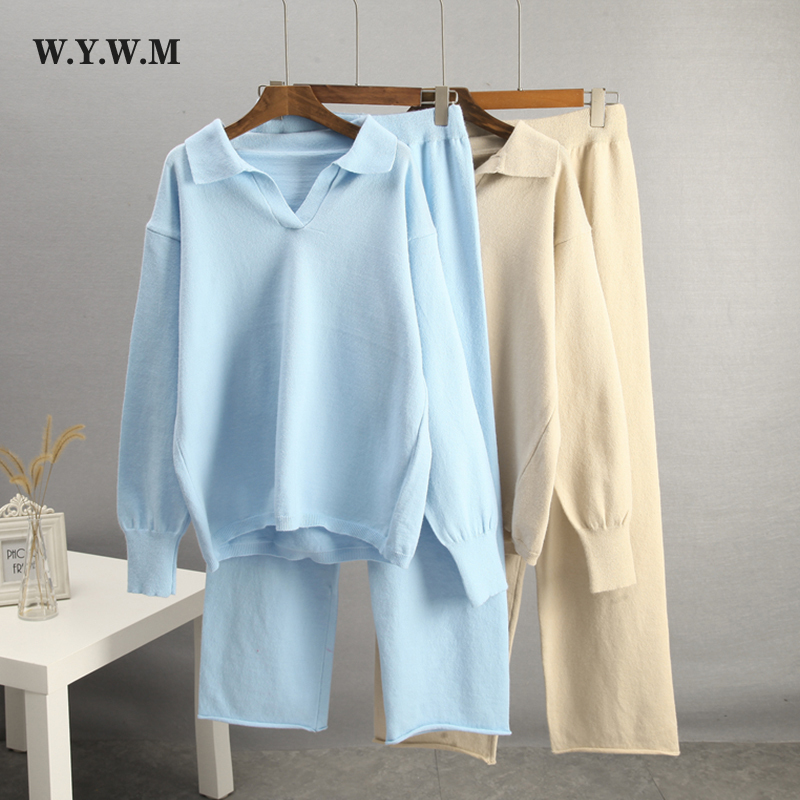 Women's Two Piece Pants WYWM Chic Soft Knitted Sweater Pants Suits Women Autumn Winter Casual Fashion Ladies Sets 2 Pieces V-neck Loose Female To
