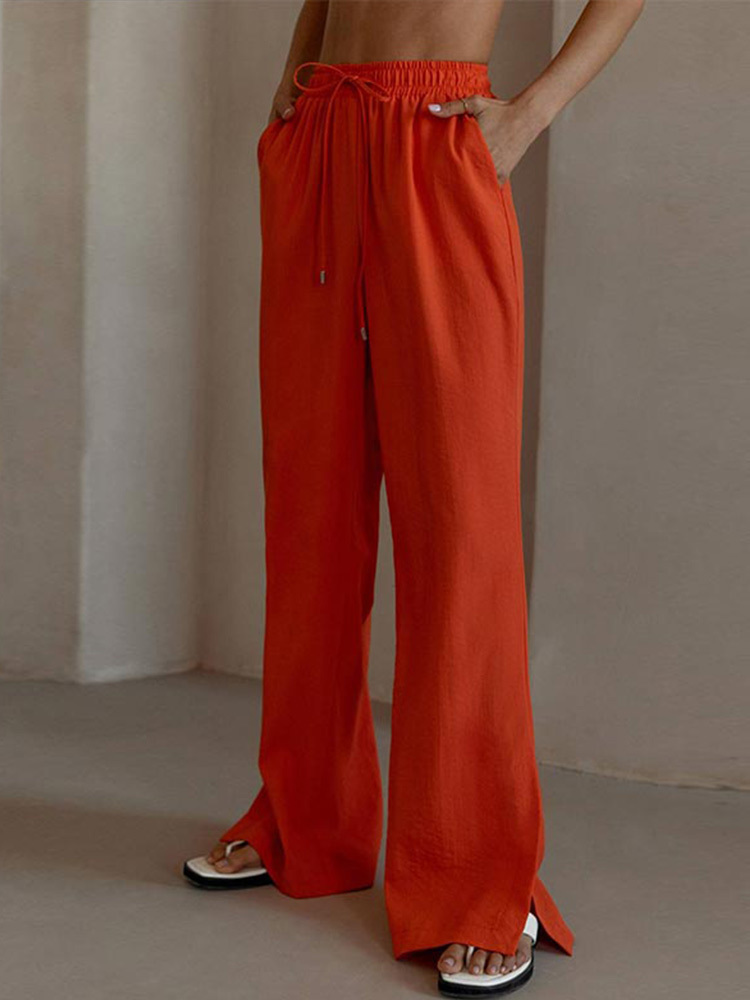 Women's Two Piece Pants Cotton Shirt Long Pants Set Female Single-breasted Lapels Long Sleeve Shirt Suit High Waist Lace Up Slit Wide Leg Pants S