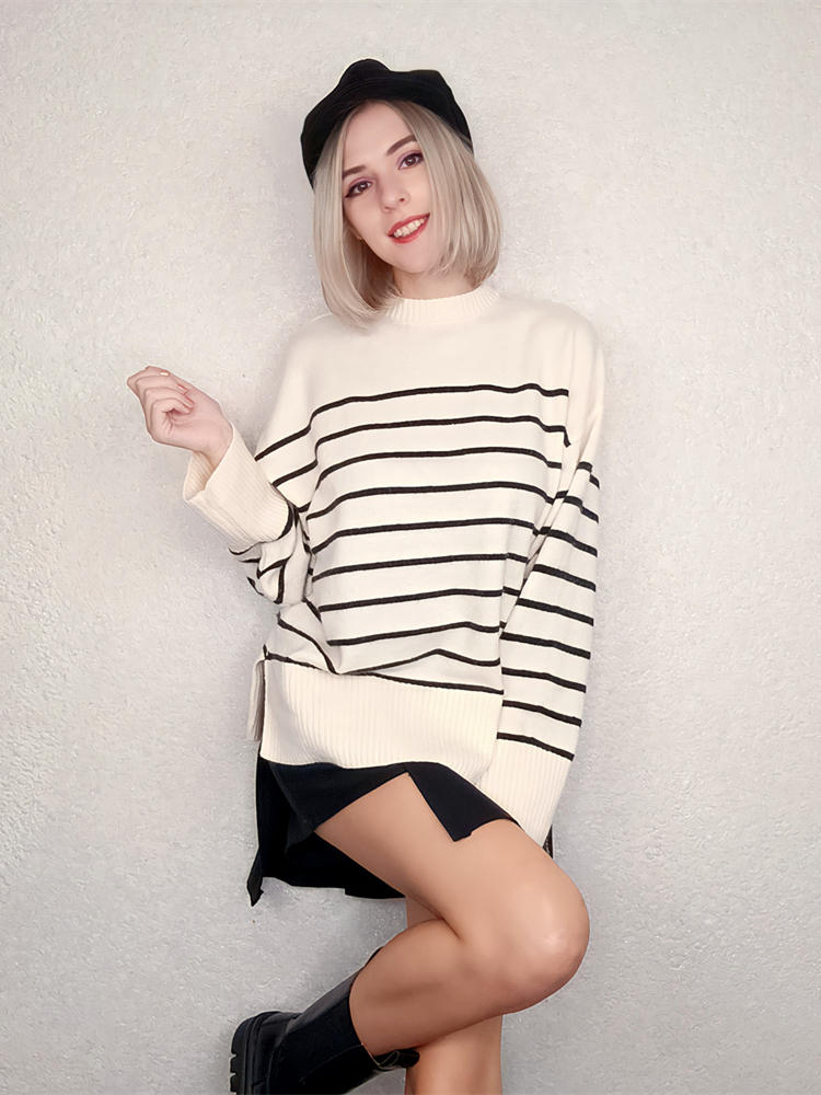 Women's Knits Tees Ladies Oversize Loose Autumn Winter Sweater Women Striped Warm Casual Knit Basic Chic Jumper Pullover Women Sweater Top Female