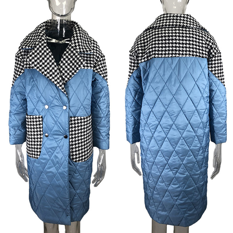 Women's Down Parkas Malina Turn Down Collar Parkas Women Fashion Patchwork Houndstooth Coats Women Elegant Loose Long Cotton Jacket Female Ladies