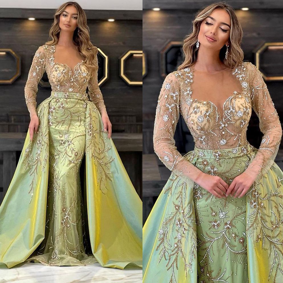 Luxurious Beads Mermaid Evening Dress Detachable Train Illusion Full Sleeve Custom Made Women Crystal Party Gown Prom Robe