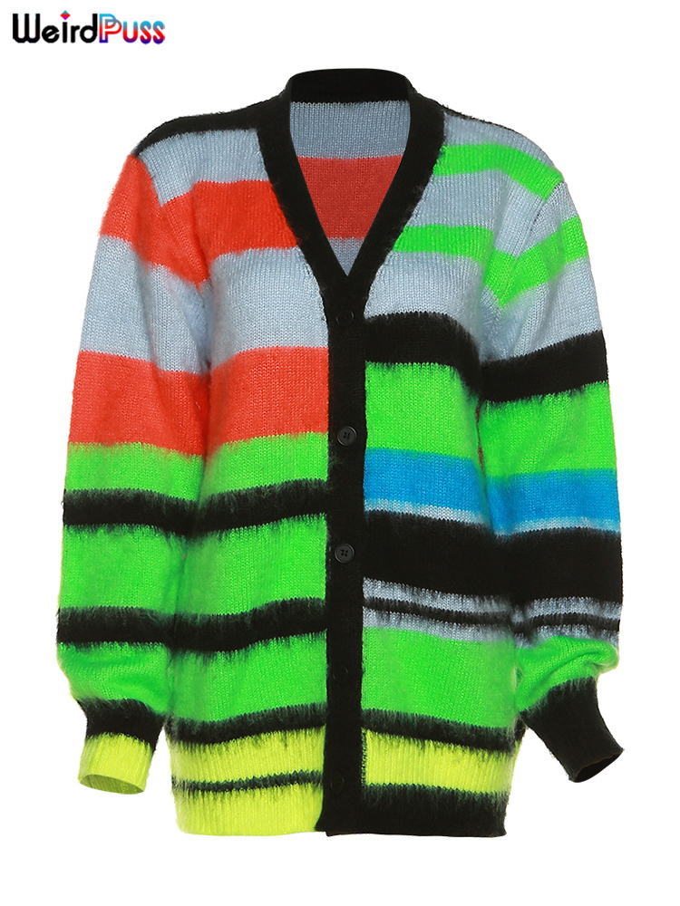 Women's Knits Tees Weird Puss Cardigan Sweater Y2K Women Button Contrast Color Patchwork V-Neck Lantern Sleeve Top Street Hipster Loose Coat 2210