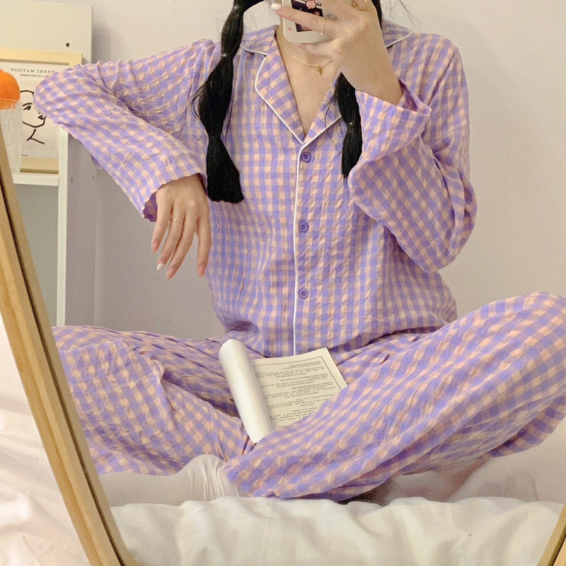 Women's Sleepwear Yasuk Spring Summer Fashion Casual Lovely Plaid Nightgow Retro Pajamas Set With Pants Trouser Year Soft 221007