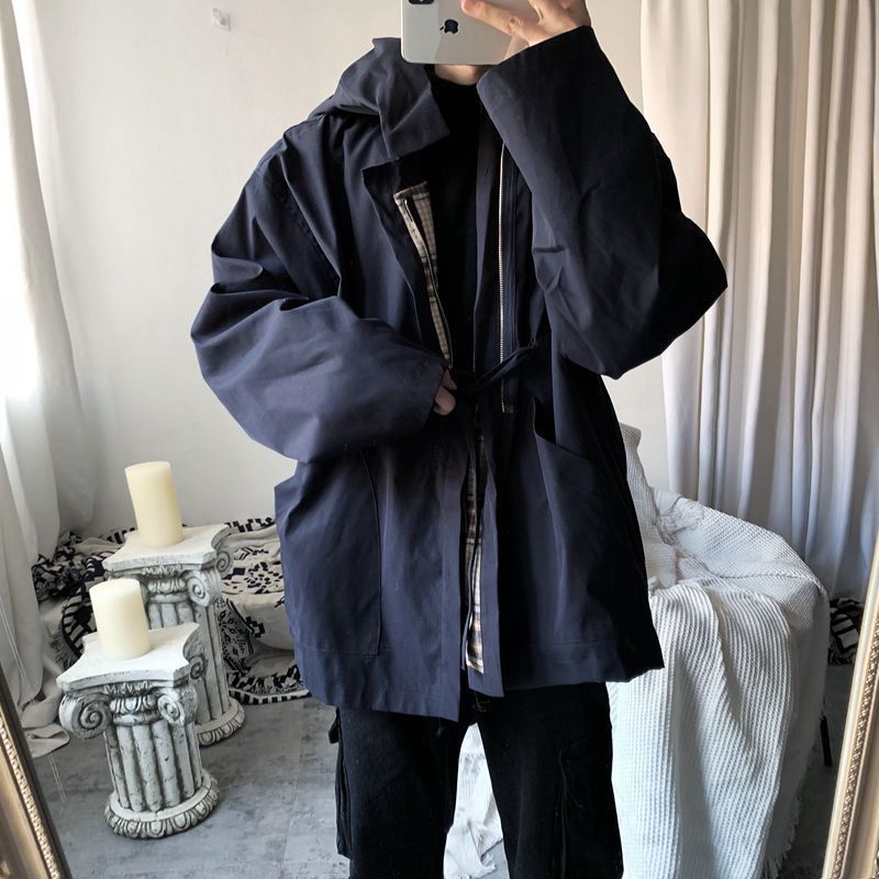 Men's Jackets Spring Autumn Hooded Jacket Korean Loose Trend Vintage Hong Kong Style Plaid Handsome Windbreaker Preppy Hip Hop Jacket 221006