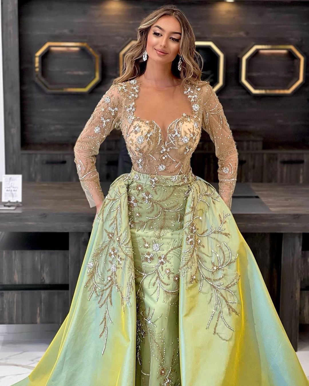 Luxurious Beads Mermaid Evening Dress Detachable Train Illusion Full Sleeve Custom Made Women Crystal Party Gown Prom Robe