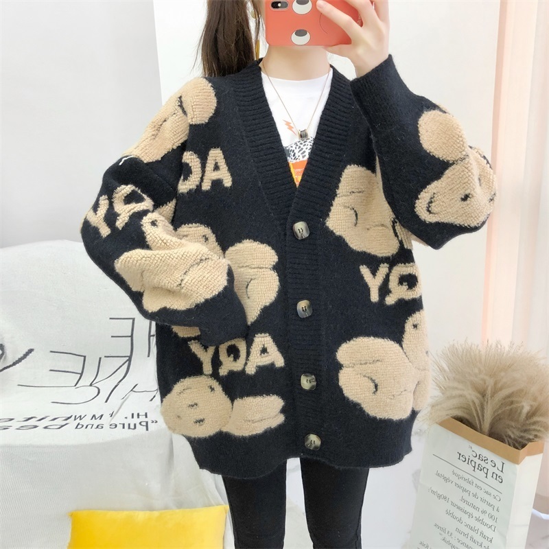 Women's Knits Tees Autumn Winter Knitted Female Cardigan Loose Streetwear Knit Sweater Coat Cute Cartoon Print VNeck Cardigan Women Jacket 221007