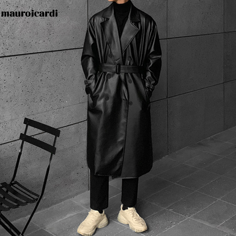 Men's Leather Faux Mauroicardi Spring Autumn Long Black Oversized Trench Coat Drop Shoulder Belt Coats for 221006