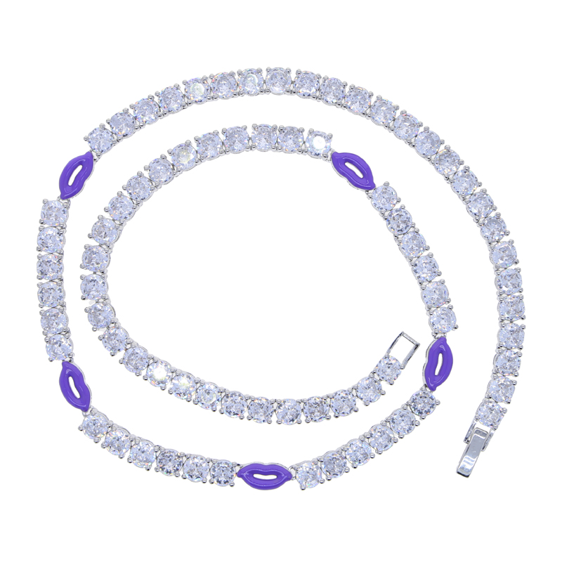 Iced Out Bg 5mm Cubic Zirconia Tennis Chain Necklace with Colorful Enamel Heart Lip Charm for Men and Women