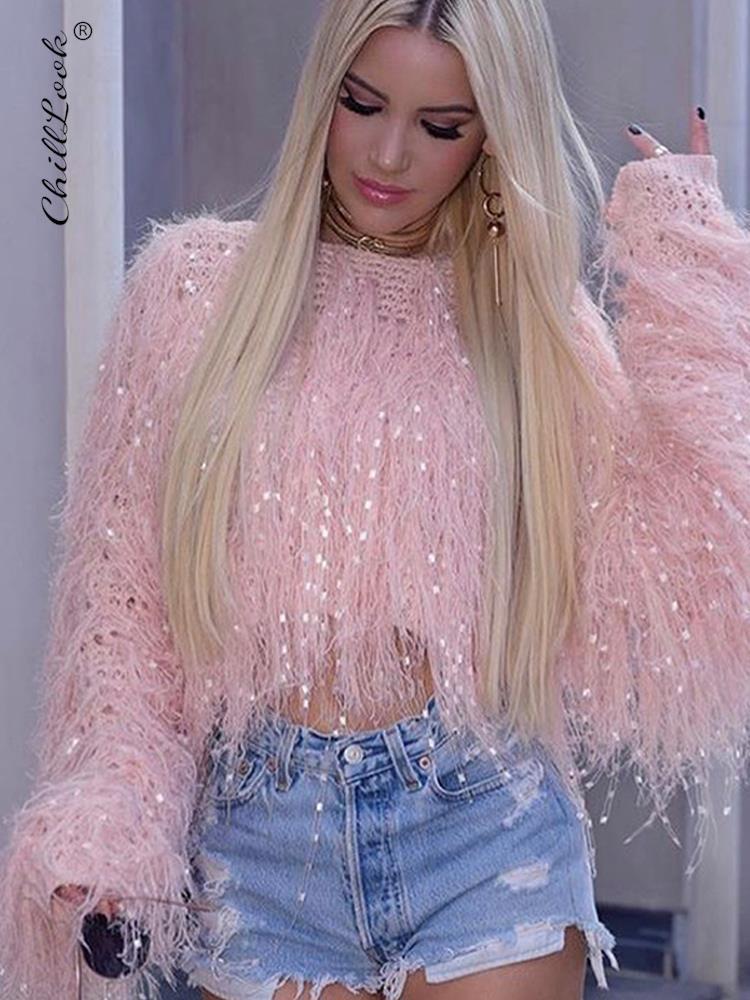 Women's Sweaters Knitted Tassel Women Pullover Sweater Solid Handmade Long Sleeve O-Neck Short Party Fringe Female Streetwear Tops 221007