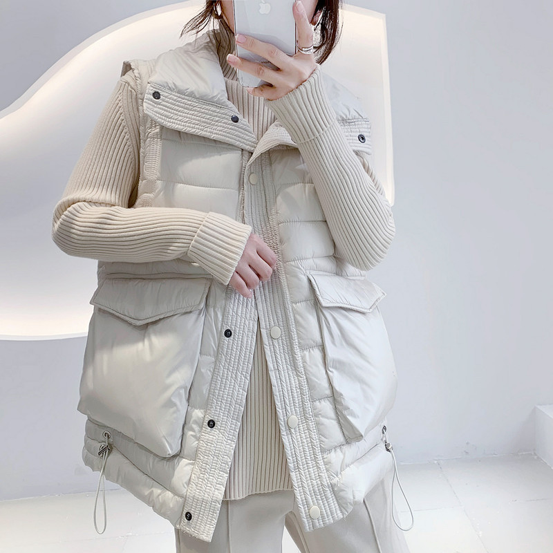 Women's Vests 0409 Down Cotton Waistcoat Women Laple Collar Casual Loose Sleeveless Coat Bodywarmer Femme Big Pockets Black Beige Winter Vest 221