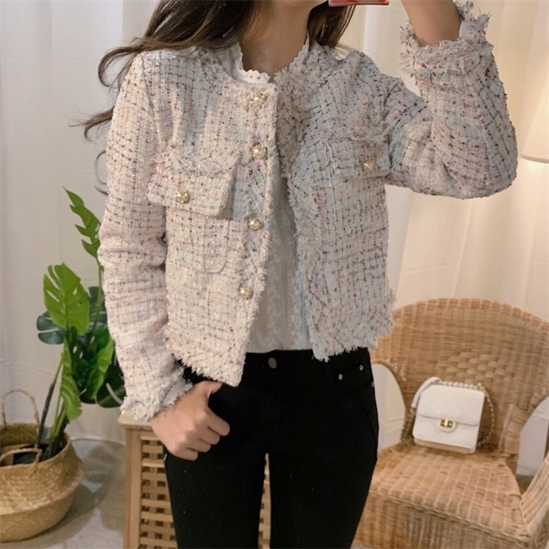 Women's Knits Tees HMA Autumn Women Single-Breasted Tweed Jacket High Quality Female Elegant Korean Chic Short Coat 221007