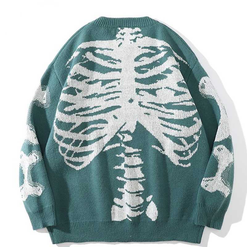 Sweaters Men Oversized Black Loose Skeleton Bone Print Women Vintage Retro Knitted 2021 Autumn Cotton Pullover Unisex Y2210