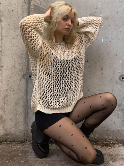 Women's Knits Tees Y2K Harajuku Hollow Out Knit Pullovers Crewneck Autumn Vintage Fairycore Grunge Top Fashion Retro Smock Sweater Cuteandpsycho 