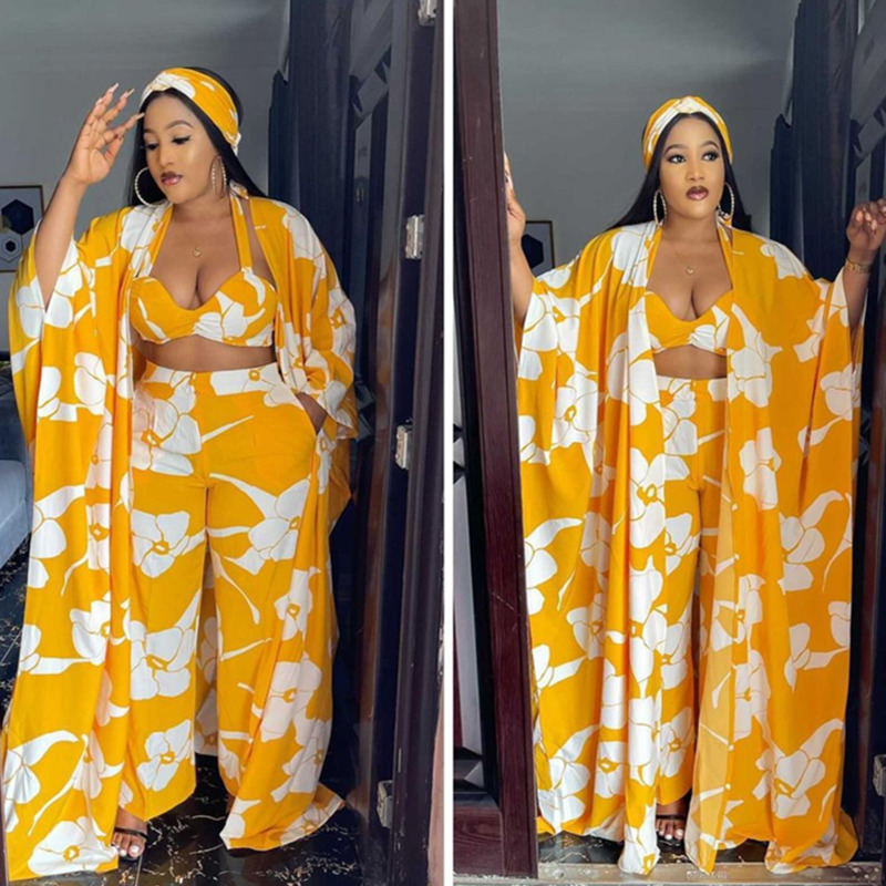 Women's Two Piece Pants Ladies 4 Piece Set African Dashiki Fashion Long Tops Bra Scarf Wide Pants Four Piece Suit Party Dresses For Women 221007