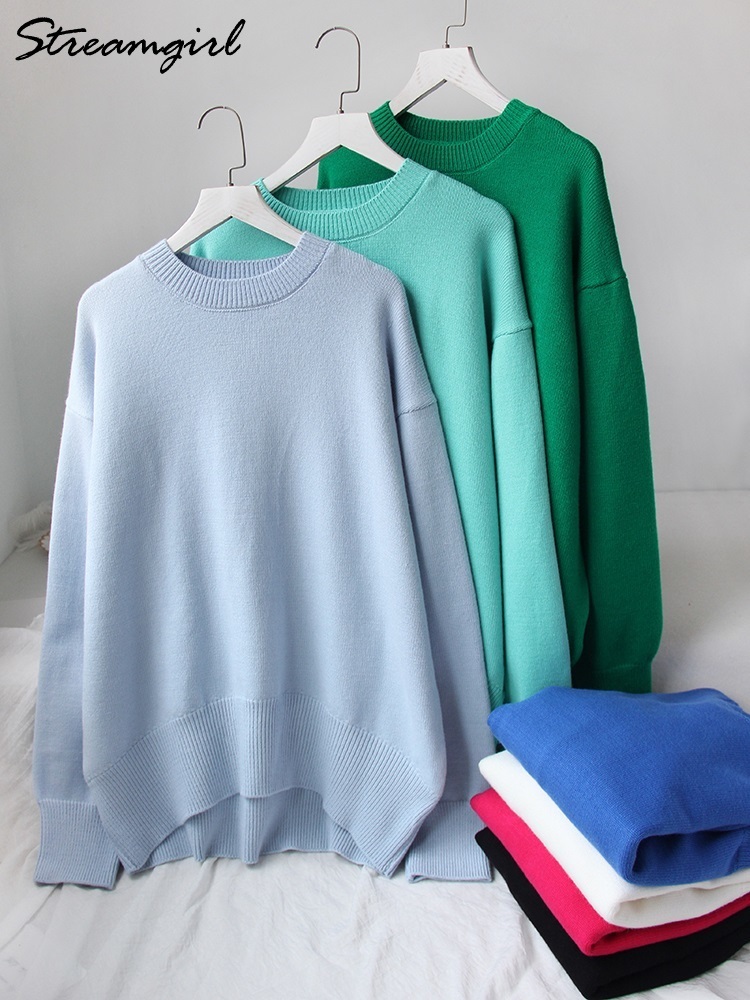 Women's Knits Tees Light Blue Oversized Sweaters For Women Fashion Green Loose Sweater Casual Autumn Pullovers For Winter Women Warm Sweater 2210