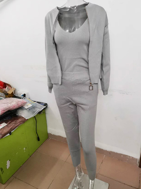 Women's Two Piece Pants Woman Jacket Fashion Women'S Suit Autumn Sweet Temperament Chain Vest Knitted Casual Jacket Three-Piece Elastic Pant
