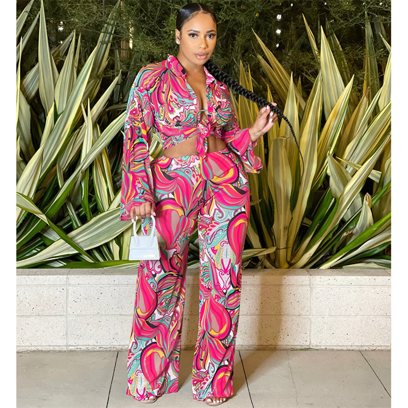 Women's Two Piece Pants Adogirl Fashion Print Sheer Mesh 3 Piece Sets Women Outfits Long Sleeve Shirt Bra Top Wide Leg Pants Holiday Casual Suit 
