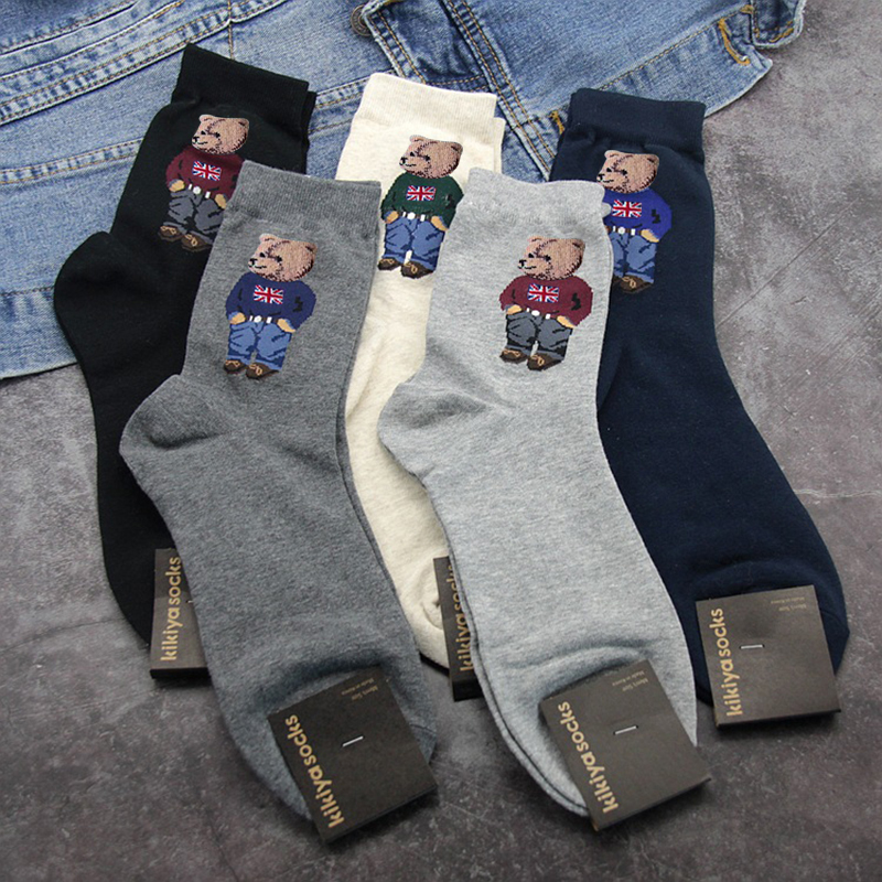 Mens Socks 5 Pairs Bear Mens Socks Cotton Cartoon Gentleman Harajuku Skateboard Socks Winter Warm Novelty Breathable Sox Christmas Gift 221007