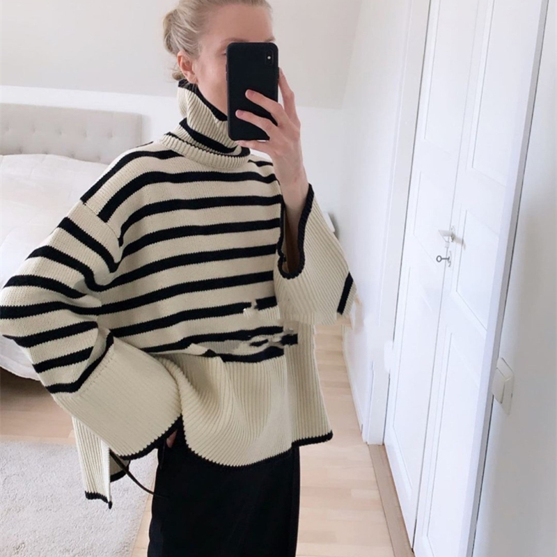 Women's Knits Tees Fashion Autumn Winter Wool Blend Sweater Women Turtleneck Stripe Pullover Streetwear Knit Bottoming Warm Shirt Soft Elegant 22
